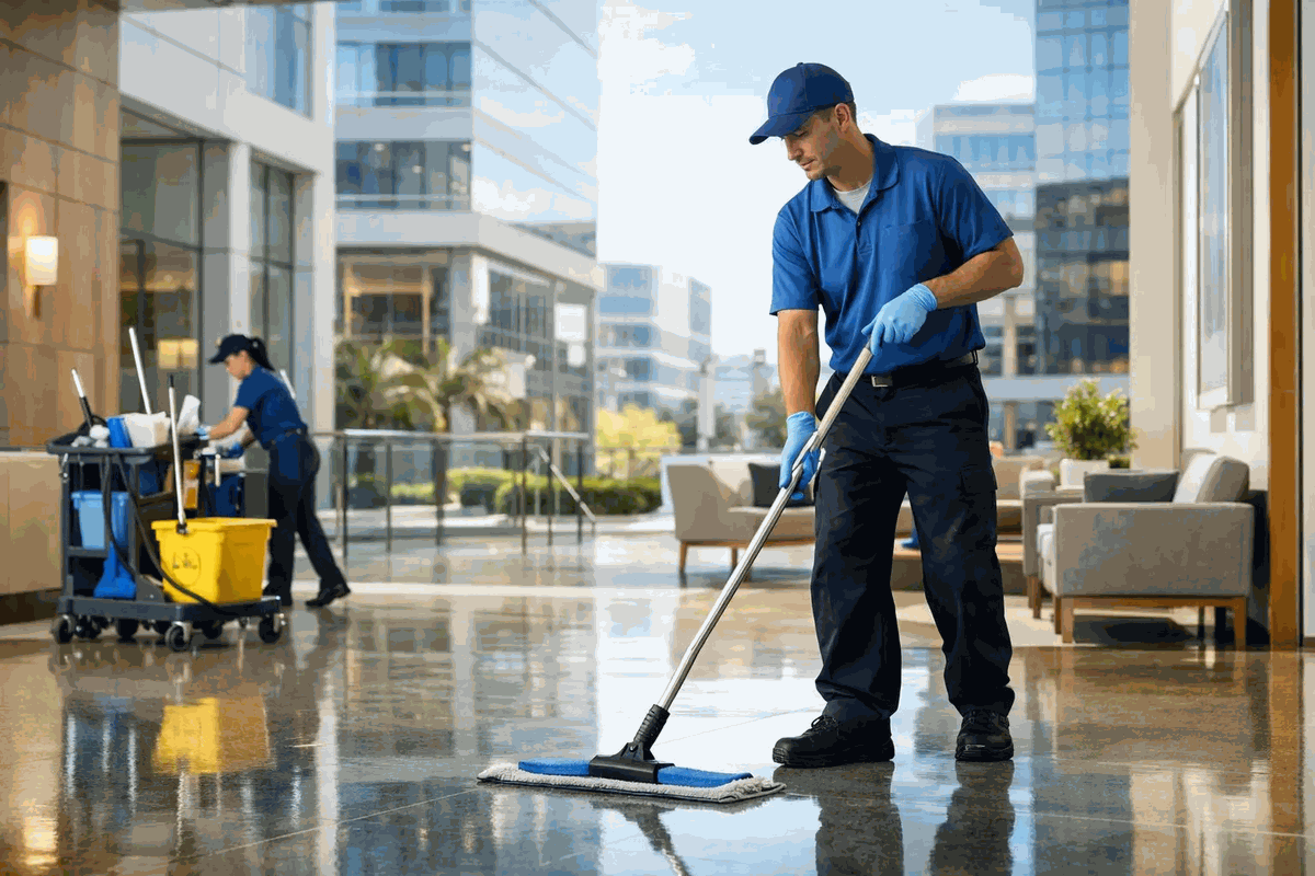 Worker mopping a shiny floor in a glass-fronted lobby